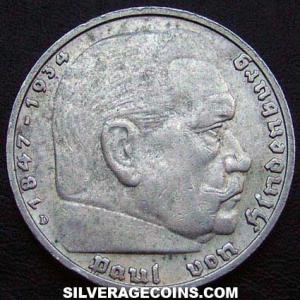 1938 D German Third Reich Silver 5 Reichsmarks (Hindenburg) (Obverse)