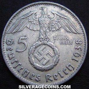 1938 D German Third Reich Silver 5 Reichsmarks (Hindenburg) (Reverse)