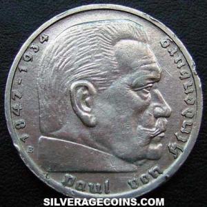 5 Reichsmarks de Plata del Tercer Reich Alemán (Hindenburg) 1939 E (Anverso)