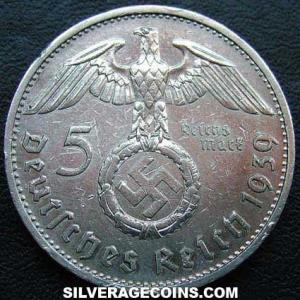 5 Reichsmarks de Plata del Tercer Reich Alemán (Hindenburg) 1939 E (Reverso)