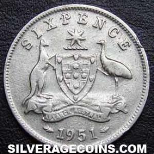 1951 (m) George VI Australian Silver Sixpence (Reverse)