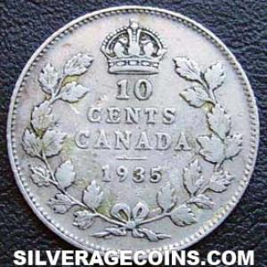 1935 George V Canadian Silver "Dime" 10 cents (Reverse)