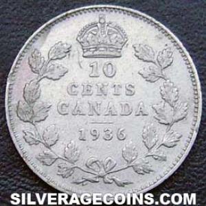1936 George V Canadian Silver "Dime" 10 cents (Reverse)
