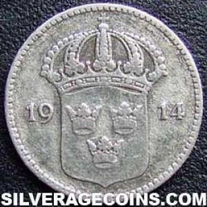 1914 W Gustav V Swedish Billon 10 Öre (Obverse)