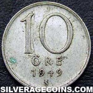 1949 TS Gustav V Swedish Billon 10 Öre (Reverse)