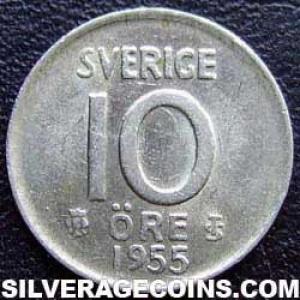 1955 TS Gustav VI Swedish Billon 10 Öre (Reverse)