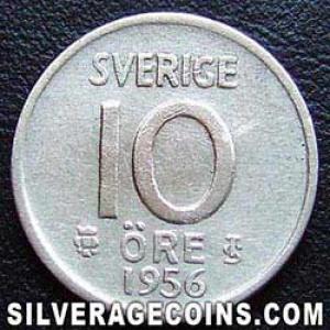 1956 TS Gustav VI Swedish Billon 10 Öre (Reverse)