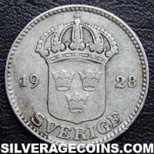 1928 G Gustav V Swedish Silver 25 Öre (Obverse)