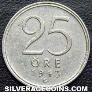 1943 G Gustav V Swedish Billon 25 Öre (Reverse)