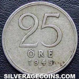 1945 G/TS Gustav V Swedish Billon 25 Öre (Reverse)