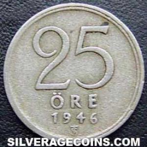 1946 TS Gustav V Swedish Billon 25 Öre (Reverse)