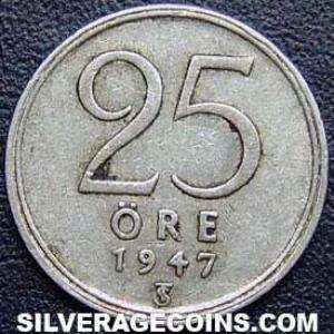 1947 TS Gustav V Swedish Billon 25 Öre (Reverse)
