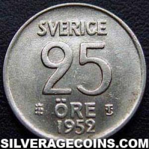1952 TS Gustav VI Swedish Billon 25 Öre (Reverse)