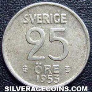 1953 TS Gustav VI Swedish Billon 25 Öre (Reverse)