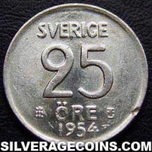 1954 TS Gustav VI Swedish Billon 25 Öre (Reverse)