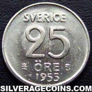 1955 TS Gustav VI Swedish Billon 25 Öre (Reverse)