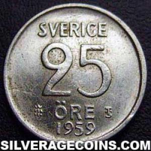 1959 TS Gustav VI Swedish Billon 25 Öre (Reverse)
