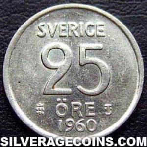 1960 TS Gustav VI Swedish Billon 25 Öre (Reverse)
