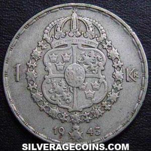 1943 G plain 4 Gustav V Swedish Billon Krona (Reverse)