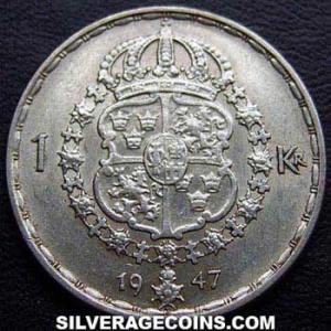 1947 TS Gustav V Swedish Billon Krona (Reverse)