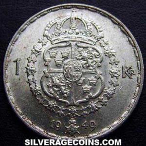 1949 TS Gustav V Swedish Billon Krona (Reverse)