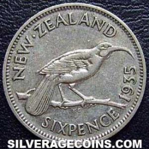 1935 George V New Zealander Silver Sixpence (Reverse)