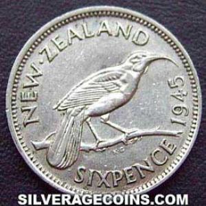 6 Peniques de Plata Neozelandeses de Jorge VI 1945 (Reverso)