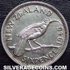 1946 George VI New Zealander Silver Sixpence (Reverse)