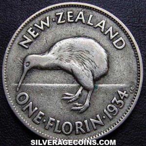 1934 George V New Zealander Silver Florin (Reverse)