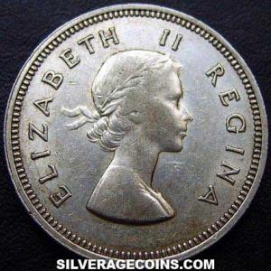 2 Chelines de Plata Sudafricanos de Isabel II 1959 (Anverso)