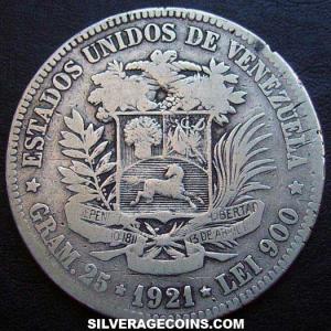 5 Bolívares de Plata Venezolanos 1921 (p) wide date (Anverso)