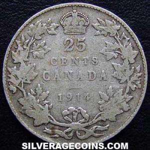 1914 George V Canadian Silver 25 Cents (Reverse)