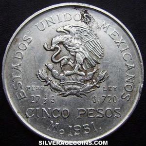 1951 Mexican Silver 5 Pesos (Hidalgo) (Obverse)