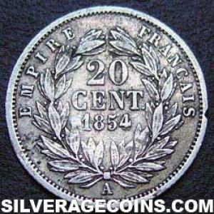 1854 A Napoleon III French Silver 20 Centimes (.900) (Reverse)