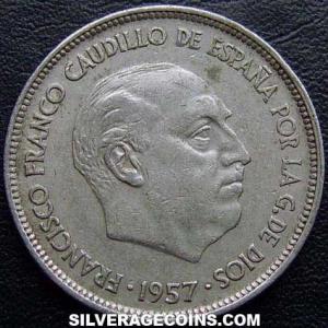 1957 (59) Franco Spanish 25 Pesetas (Obverse)