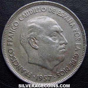 1957 (72) Franco Spanish 25 Pesetas (Obverse)